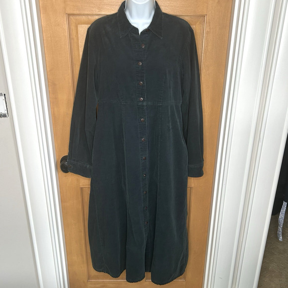 Eddie Bauer Corduroy Shirt Dress Size 10 Green Midi Pockets Country Modest Vtg - Picture 1 of 6